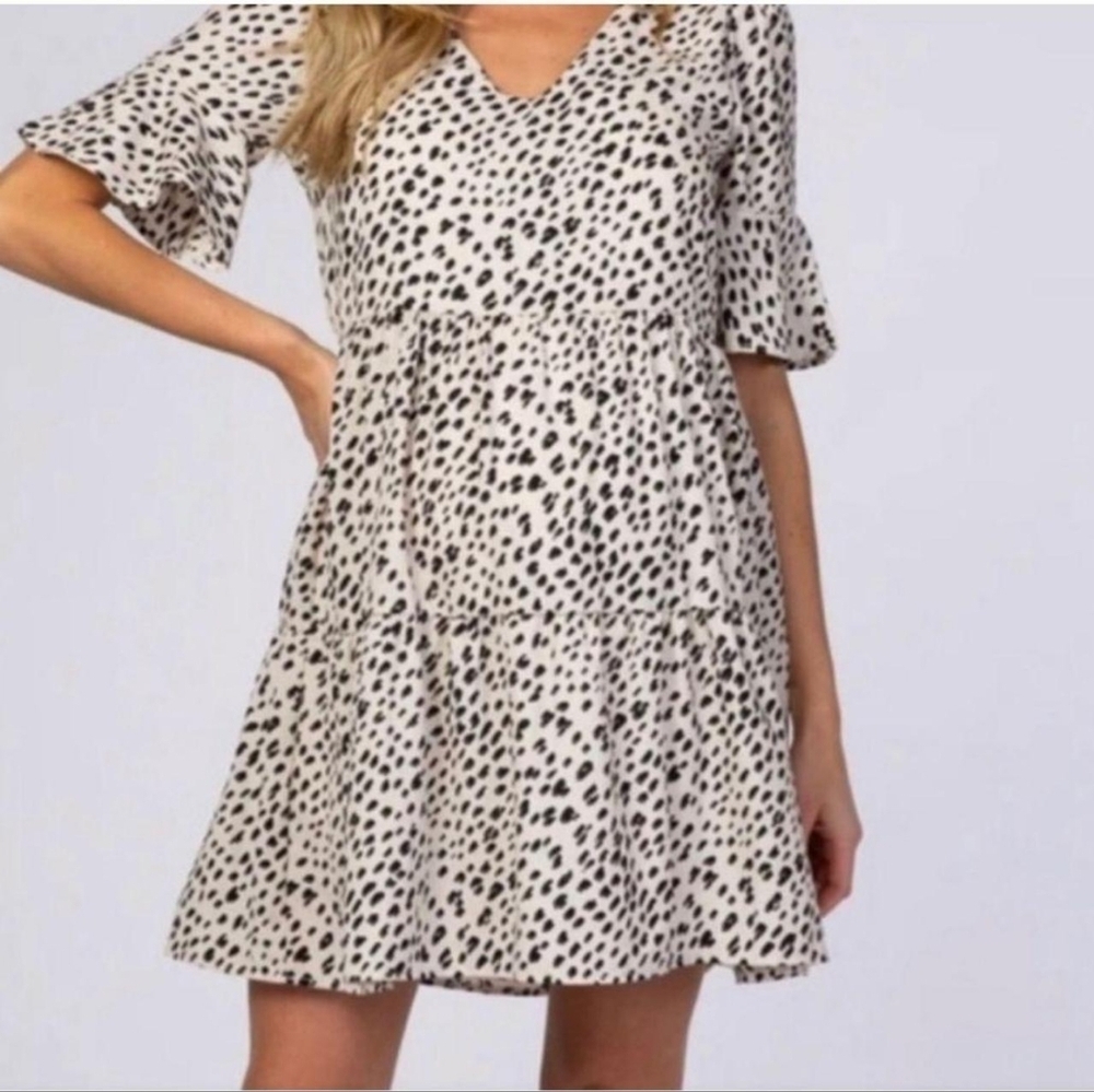 Beeson River Ruffle Tiered Animal Dot Print Flowy Dress Short Sleeve A-Line S